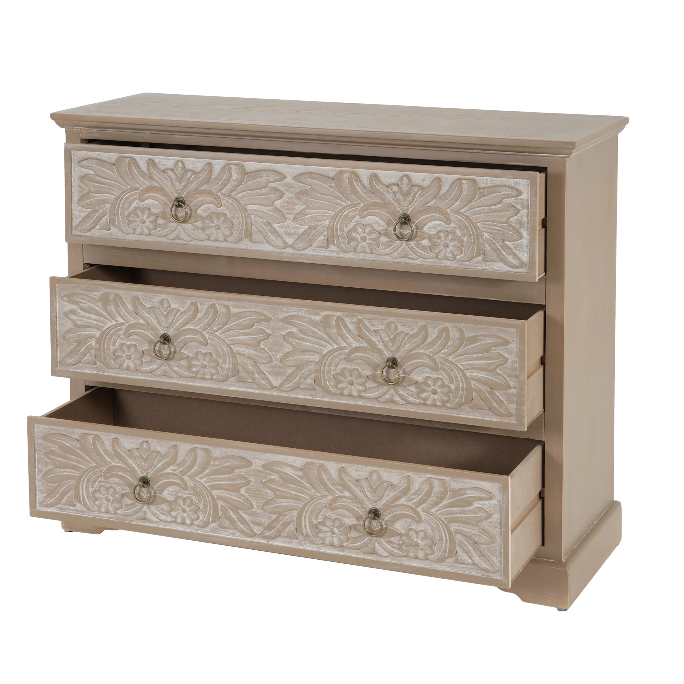 Christopher Knight Home Boho 3-Drawer Dresser with Carved Floral Front, Vintage Style, Light Ash & White