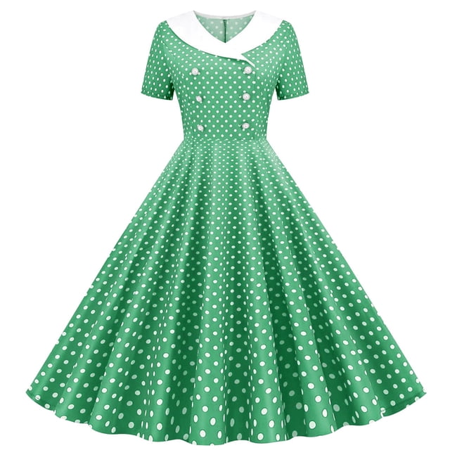 Dvprdro Robe de Bal pour Femme Invitée de Mariage Mode Vintage à Pois Imprimée Manches Courtes Ligne A Évasée Cocktail Fête Robe Midi