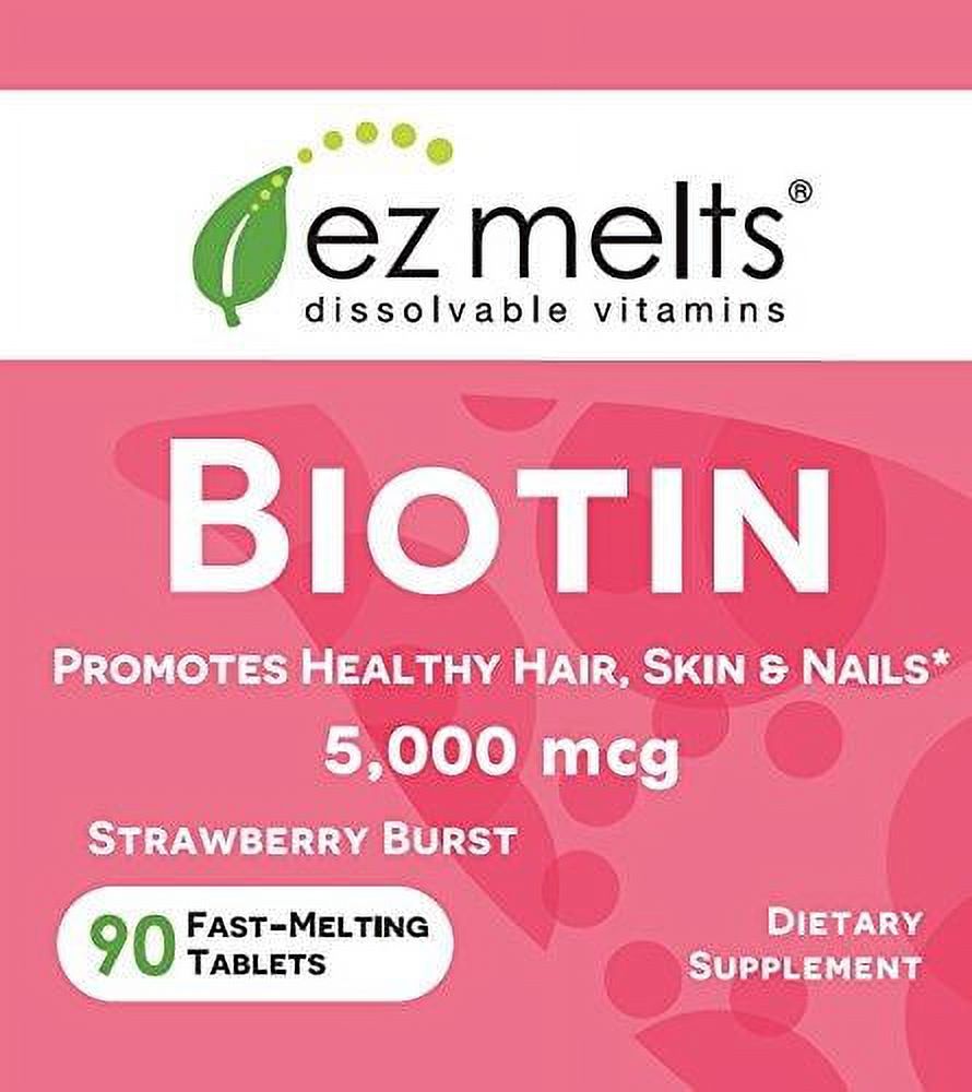 EZ Melts Biotin for Hair, Skin, Nails, 5,000 mcg, Sublingual Vitamins, Vegan, Zero Sugar, Natural Strawberry Flavor, 90 Fast Dissolve Tablets - image 2 of 6