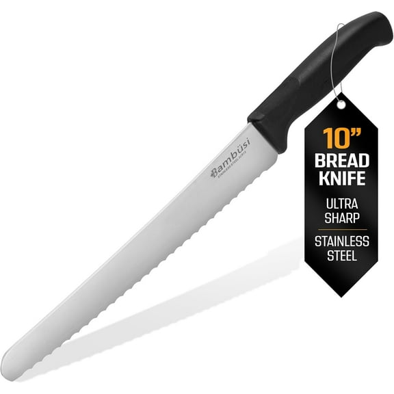 Bambüsi Bread Knife - 10-Inch Serrated Stainless Steel Blade, Ergonomic Non-Slip Handle for Safe, Precise Cuts; Professional Grade for Precision Cutting of Homemade Bread, Bagels, Cakes, and More
