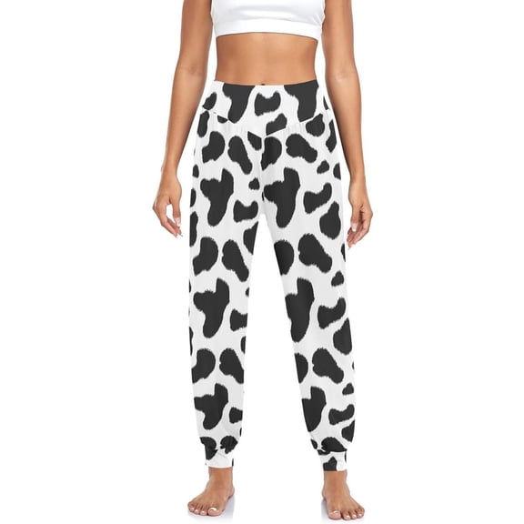 Bibifish Womens High Waisted Jogger Pants Cow Print Cross Over Waist Tapered Ladies Home Lounging Casual Bottoms