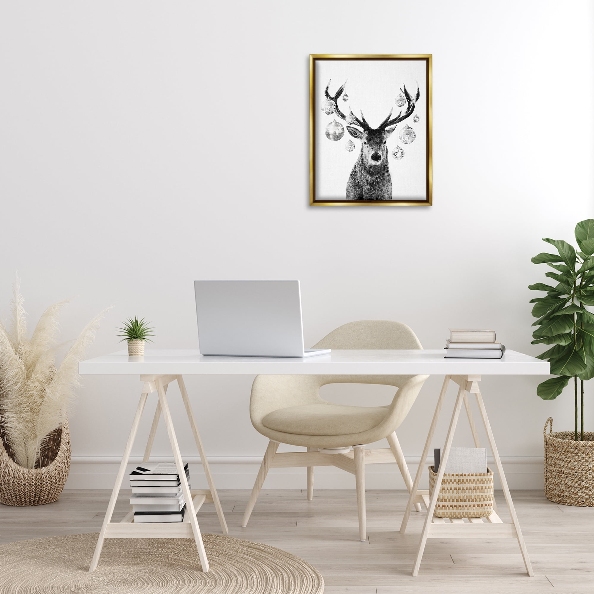 Stupell Industries Deer with Disco Balls Animals & Insects Painting Gold Floater Framed Canvas Art Print Wall Art, 17 x 21