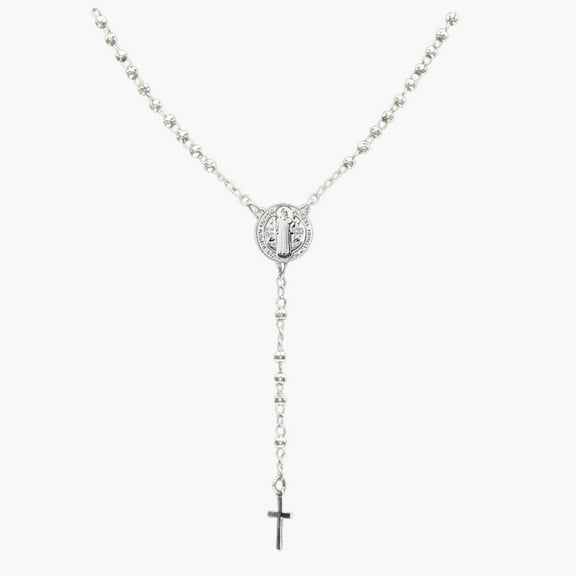 Silver-Plated Saint Benedict Medal Rosary Necklace 16-inch