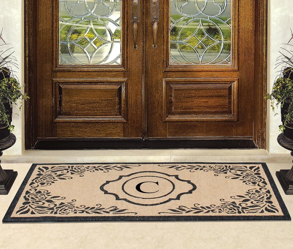 A1HC Natural Coir Monogrammed Floral Door Mat, 36"x72", Durable Anti-Shed Outdoor Door Mat, Heavy-Duty, Low-Profile, Easy to Clean