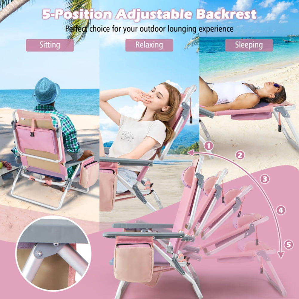 Aimee Lii 2 Packs 5-Position Outdoor Folding Backpack Beach Table Chair Reclining Chair Set, Outdoor Patio Furniture, Pink