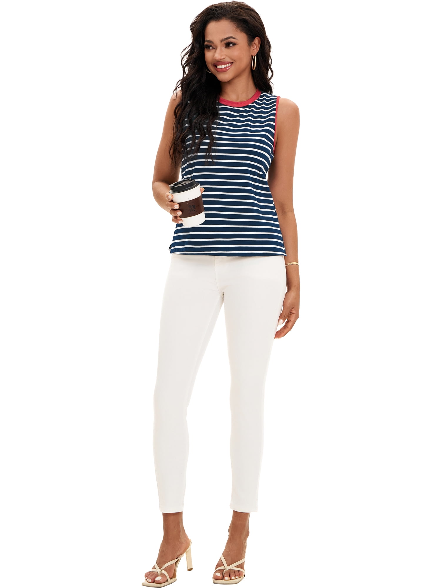 DARING DIVA Women's Striped Tank Top with Color Block XL Dark Blue Red