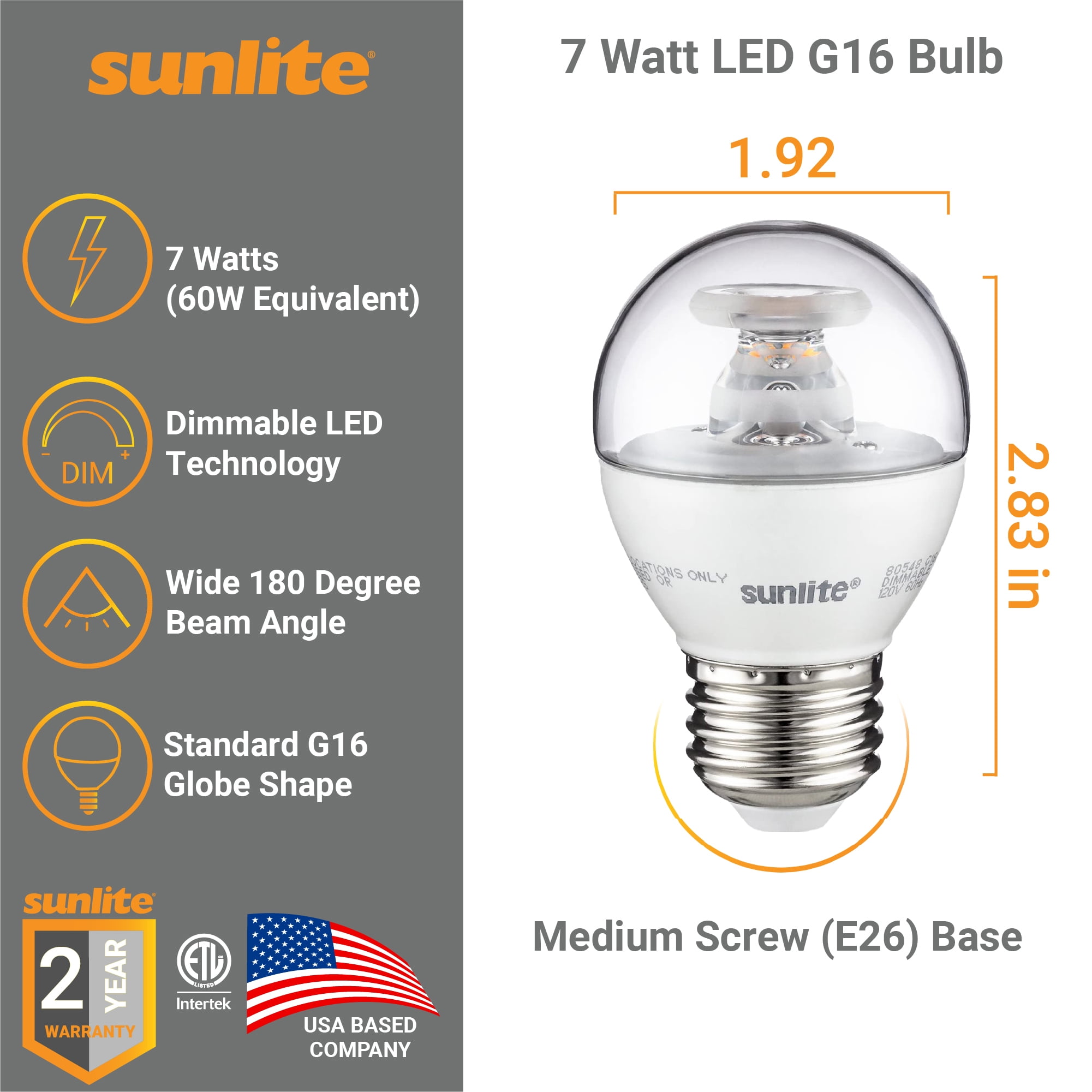 Sunlite LED G16 Globe Light Bulb, 7 Watts (60W Equivalent), Medium E26 Base, Dimmable, Clear, UL Listed, 2700K Warm White, 6-Pack