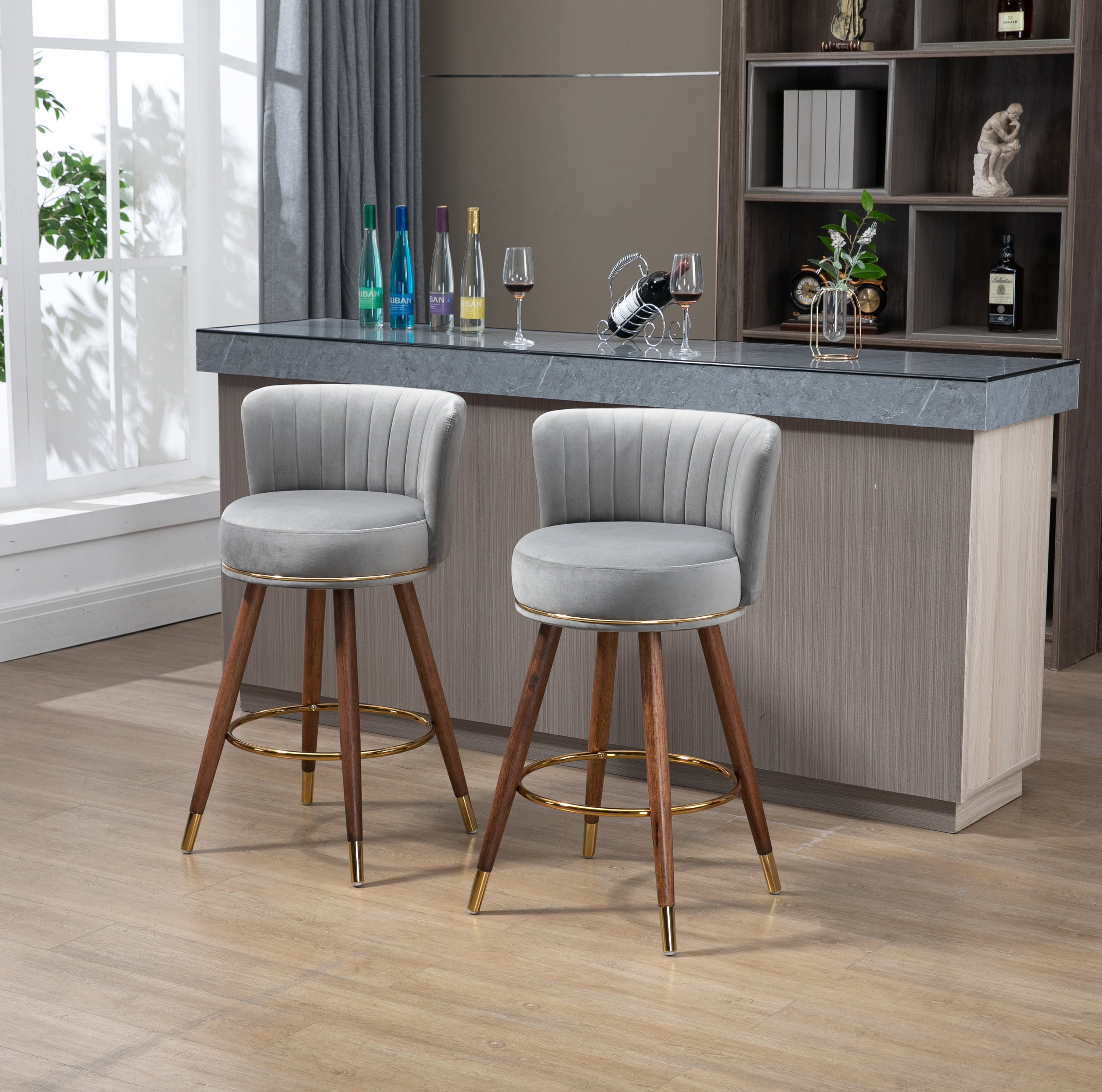 Royard Oaktree Velvet Bar Stools Set of 2 360 Swivel Bar Stools with Back Upholstered Bar Chairs with Wood Legs and Footrest Counter Height Armless