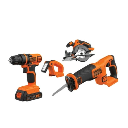BLACK DECKER 20V MAX* Lithium Ion 4 Tool Combo Kit: Drill/Driver, Circular Saw, Reciprocating Saw and Work Light, (BD4KITCDCRL)
