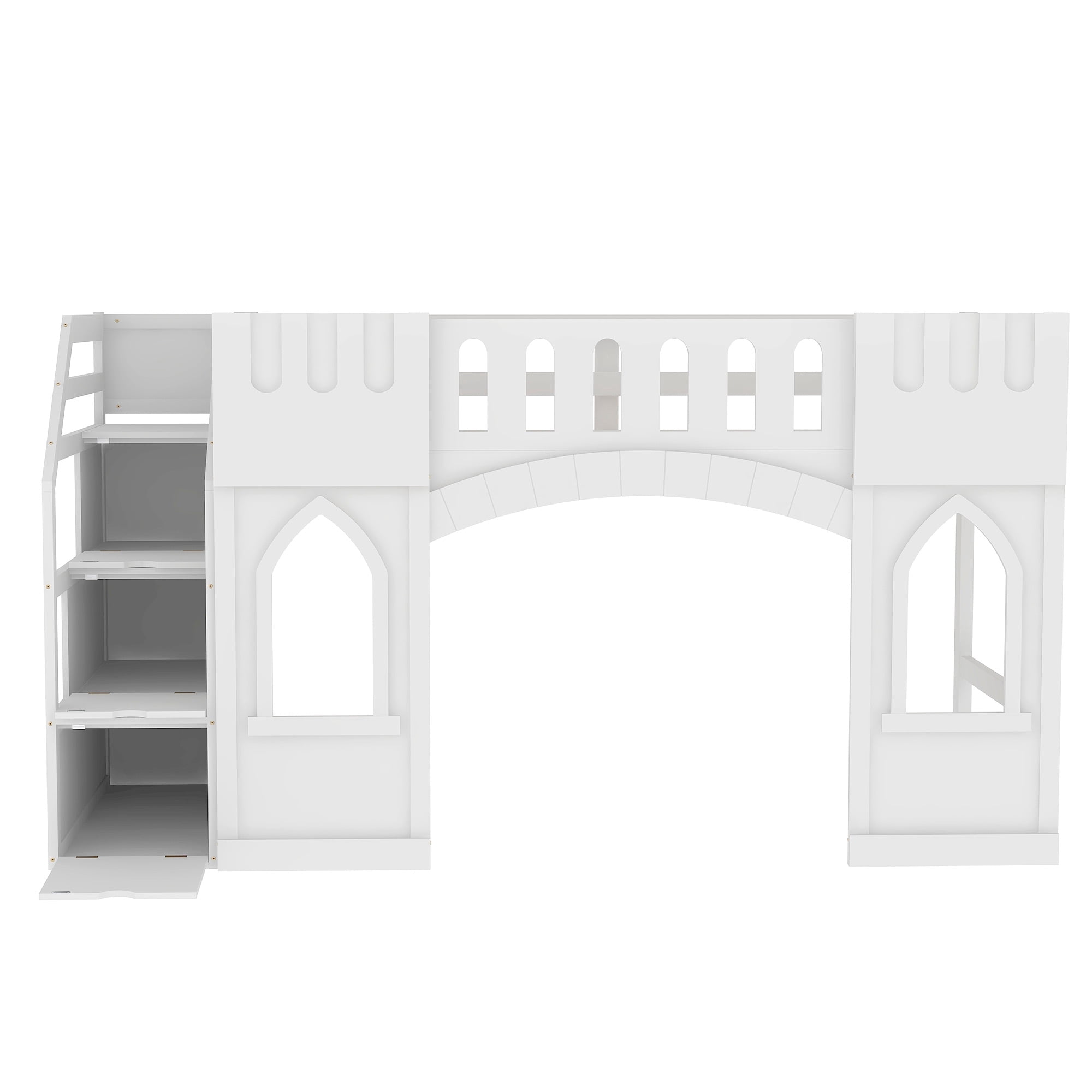 Euroco Wood Twin Size Loft Bed, Castle House Bed with Storage Staircase, White