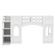 Euroco Wood Twin Size Loft Bed, Castle House Bed with Storage Staircase, White