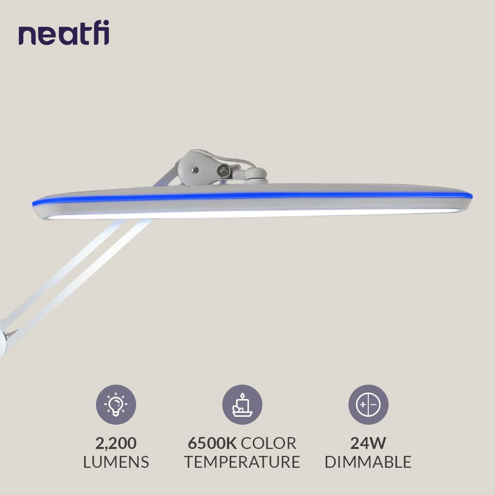 Neatfi Professional LED Task Lamp with Clamp, 2200 Lumens, 23-Inch Wide Head, Dimmable Work Light for Office, Study, Crafting & Nail Techs, White