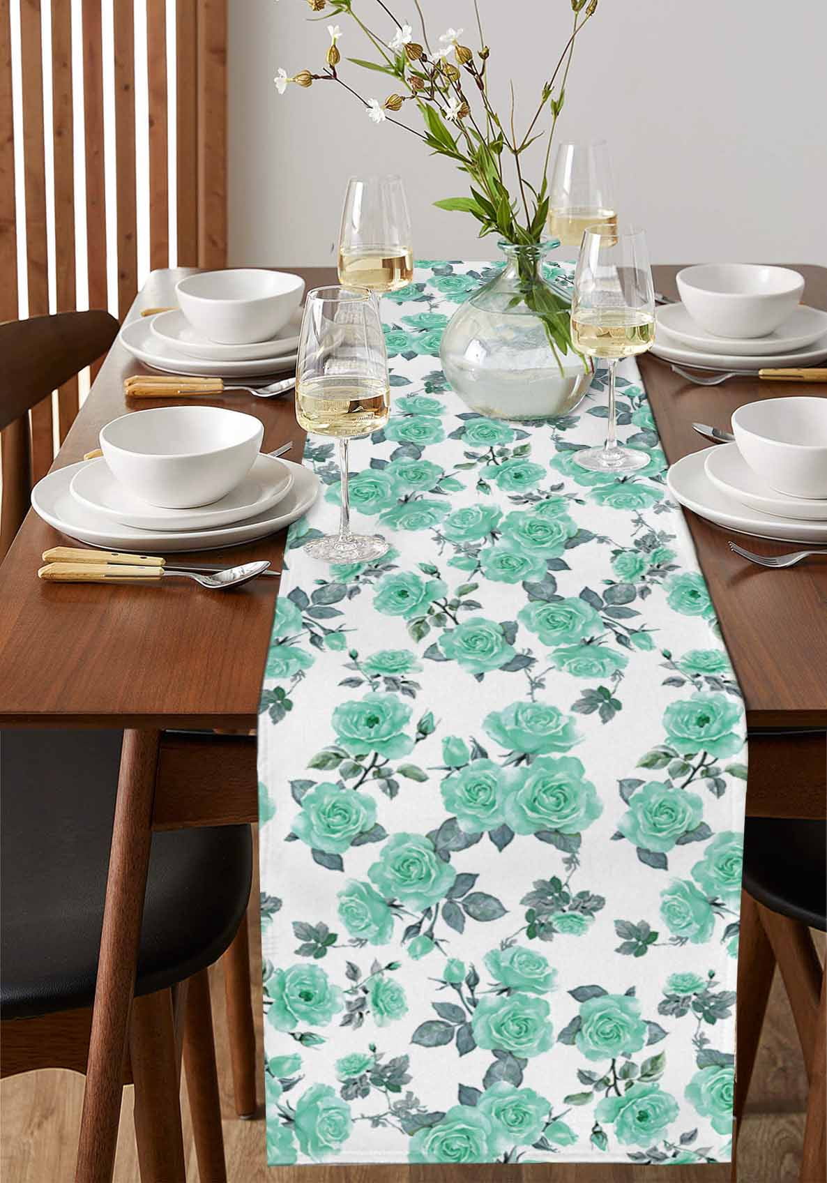 Green Floral Table Runner Cotton Linen 48 Inch Holiday Dresser Scarves, Farmhouse Garden Flowers Botanical Tablerunner for Kitchen Coffee Dining Bedroom Home Living Room Dinner Scarf Décor 13''x48''
