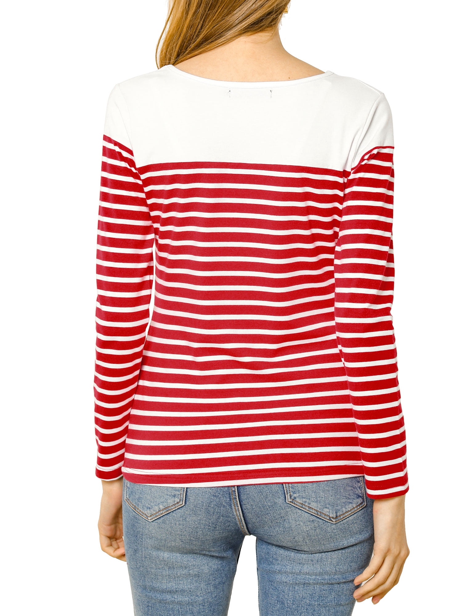 DARING DIVA Women's Color Block Striped Knit Top Long Sleeves T-Shirt S Red-White