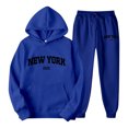 thumbnail image 2 of felwors Women 2 Piece Tracksuits New York Letter Graphic Sweatsuits Fall Winter Hoodies Jogger Pants Matching Lounge Sets with Pocket(Blue, S), 2 of 4