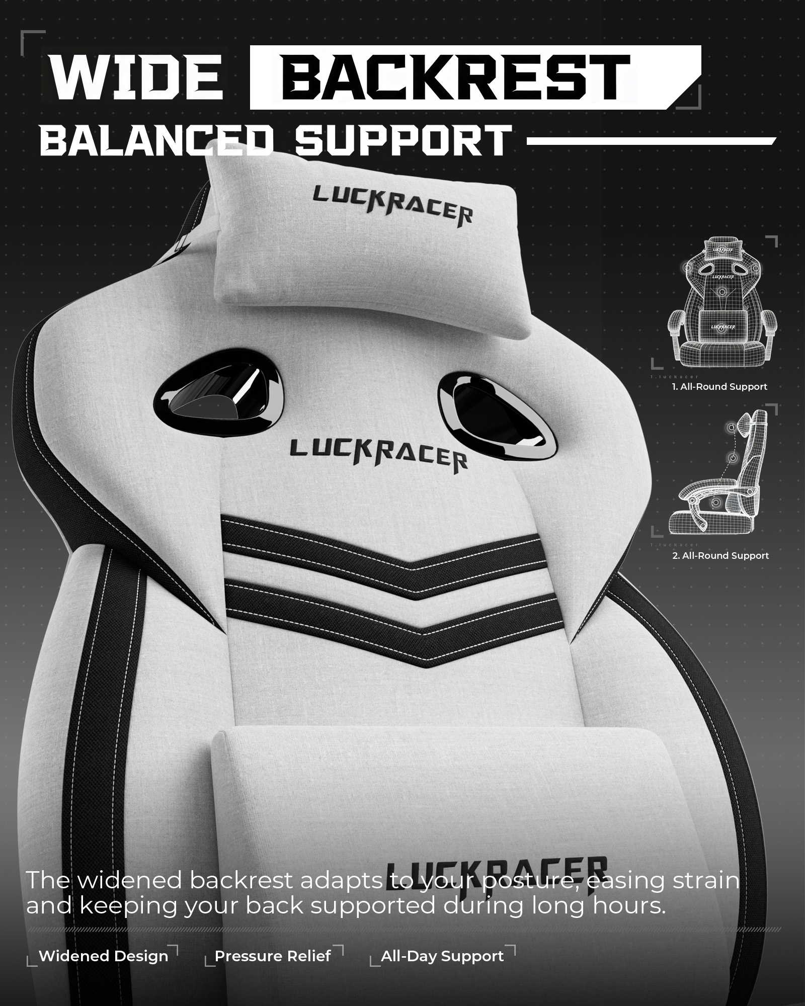 LUCKRACING Fabric PC Gaming Chair with Footrest and Lumbar Support, White