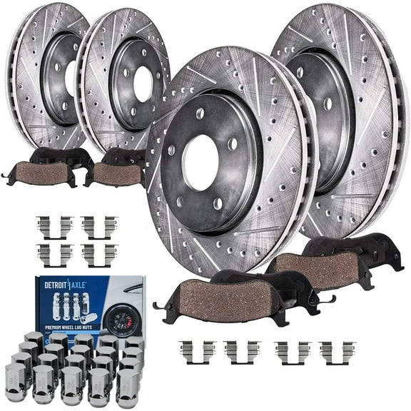 Detroit Axle - Front Rear Drilled Rotors & Ceramic Brake Pads w/20pc Wheel Lug Nuts Replacement for 2006-2009 Dodge Ram 1500 5 Lugs - 12pc Set