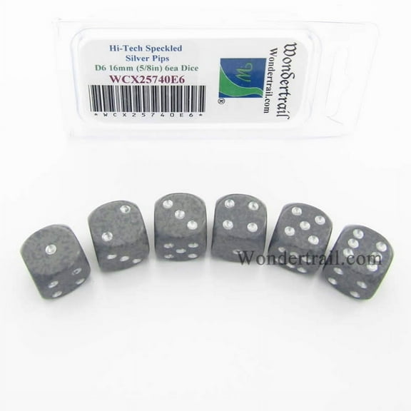 Hi Tech Speckled Dice with Silver Pips D6 16mm (5/8in) Pack of 6 Wondertrail