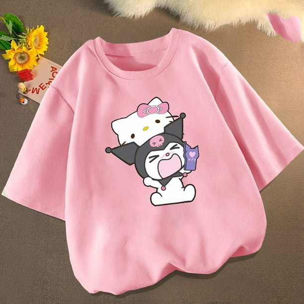 Sanrios Kawaii Anime Kuromi Hello Kitty, camiseta de manga corta de algodón con dibujos animados para niños, parte inferior de cuello redondo, Top de verano, regalo