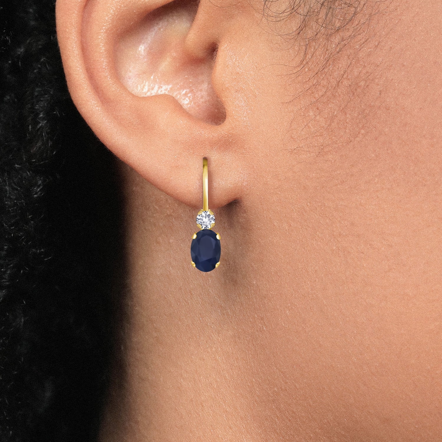 Gem Stone King 14K Yellow Gold Blue Sapphire and White Created Sapphire Leverback Earrings for Women | 1.18 Cttw | Gemstone September Birthstone | Oval 6X4MM, Round 2MM | 3/4 inch