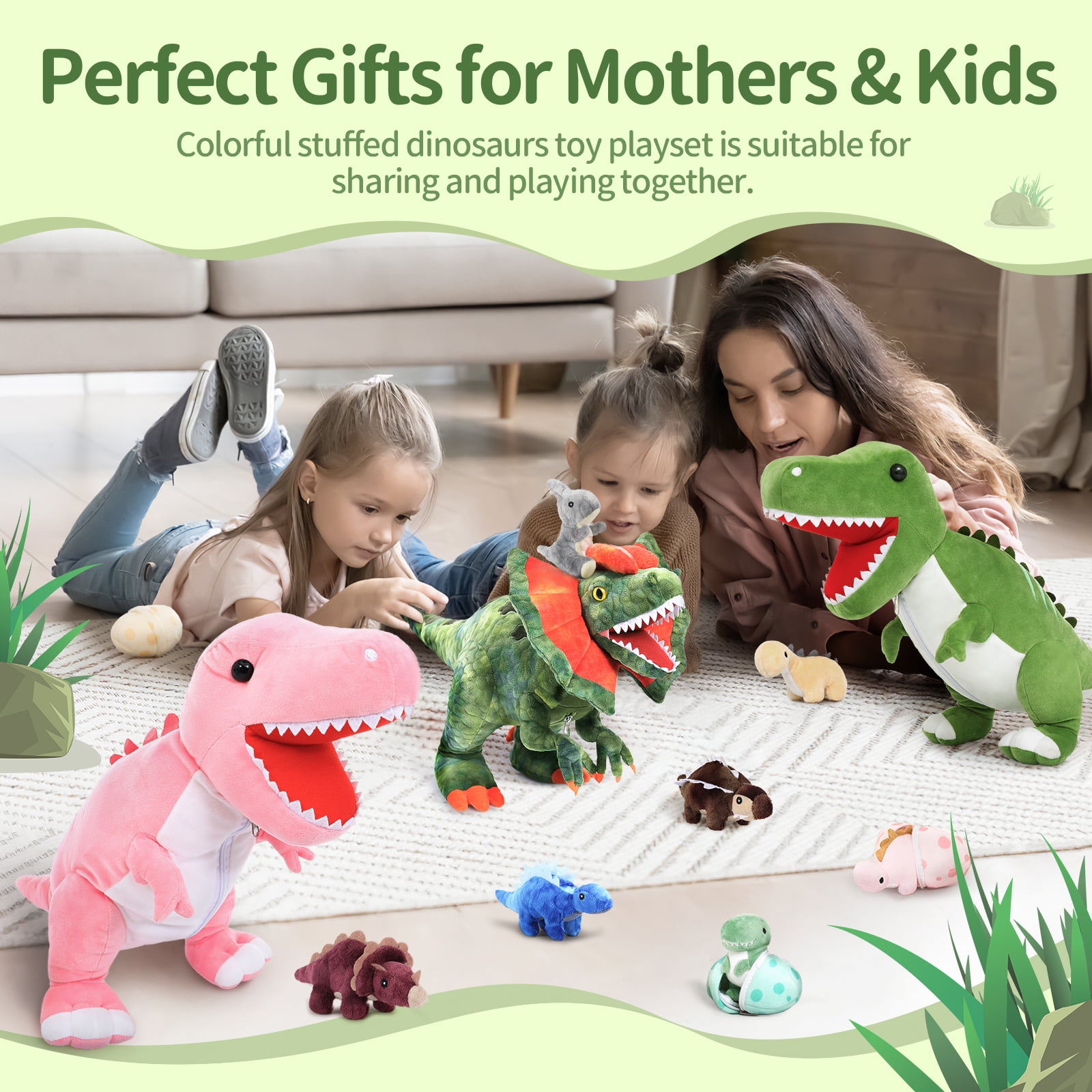MorisMos 23.6" Stuffed Dinosaur Toy Mommy Dinosaur Plush with 3 Baby Stuffed Dinosaur Toys