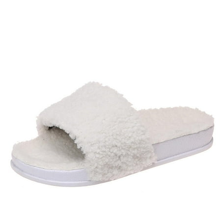 

Bnwani Sandals Shoes for Women Women s Fuzzy Slippers Plush Sandals Cozy Furry Slides Soft Warm House Shoes White 8.5