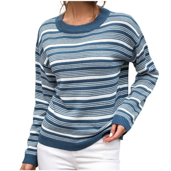 BXINGOHAI Womens 2024 Fall Striped Sweaters Long Sleeve Crewneck Shirts Color Block Lightweight Pullover Tops Outdoor Casual Sweater Today Blue,S