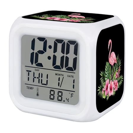 Pink Floral Flamingos Digital Alarm Clock for Bedrooms,Smart LED Alarm Clock with 7 Color Changing Night Light,Summer Botanical Black Tropical Silent Wake Up Clocks for Sleep Study Cooking 3.2x3.2