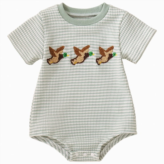 Duqingm Baby Boy Summer Clothes Mallard Duck Embroidery Newborn Bubble Romper Short Sleeve Bodysuit Infant Hunting Clothing Green,3-6 Months