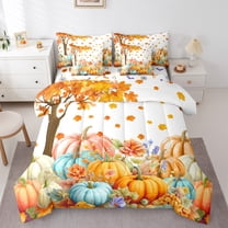 Castle Fairy Teenagers Women Men Botanical Pumpkin 7-Piece Bedding Comforter Set,Autumn Fall Harvest King Bedding Sets,Tree Leaves Ultra Soft Bed Sheets,Breathable Home Decor