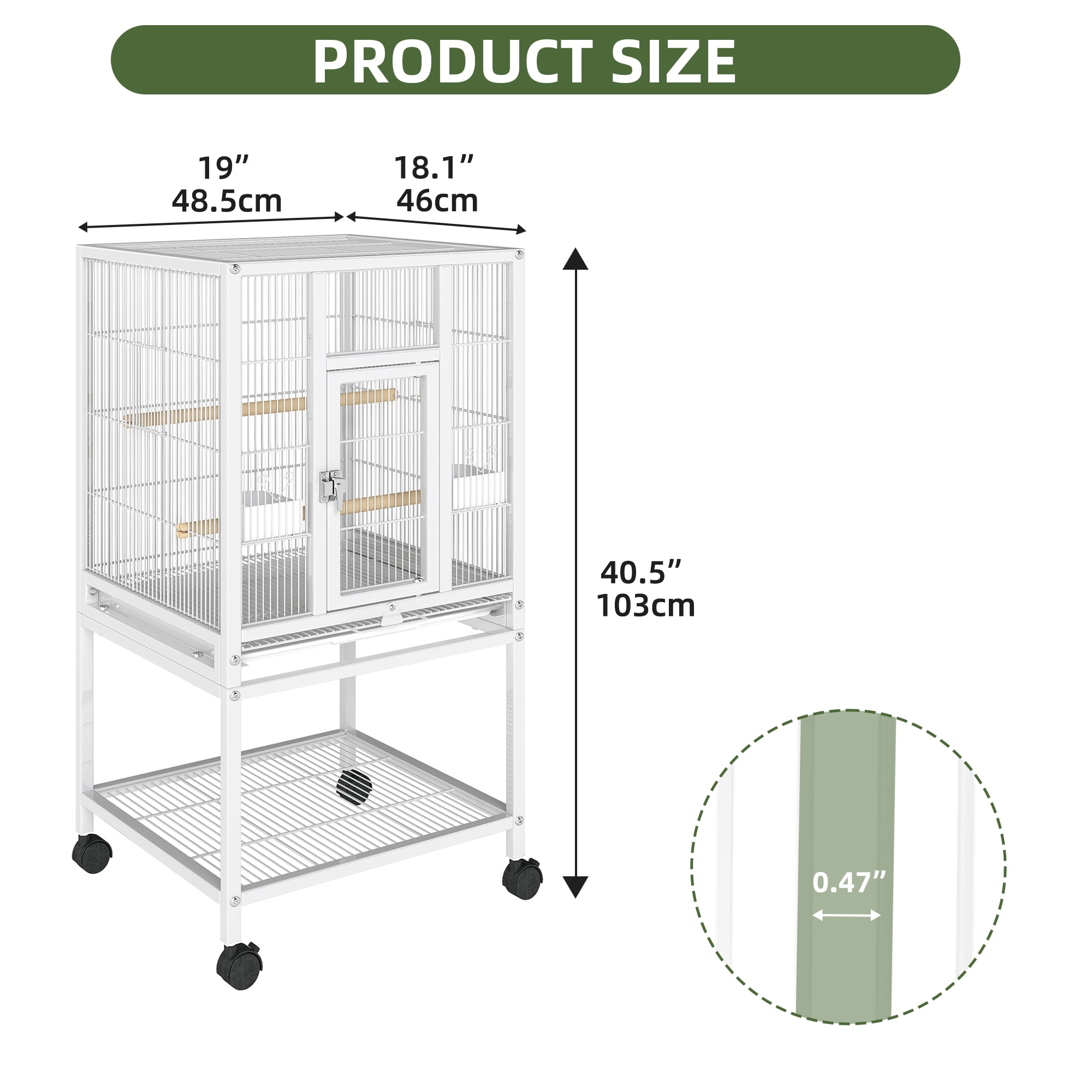 Uforic 41" Metal Birdcage with Rolling Stand and Castor Wheels, Large Parrot Cage with 2 Perches and 2 Feeders, Spacious Storage Tray, White