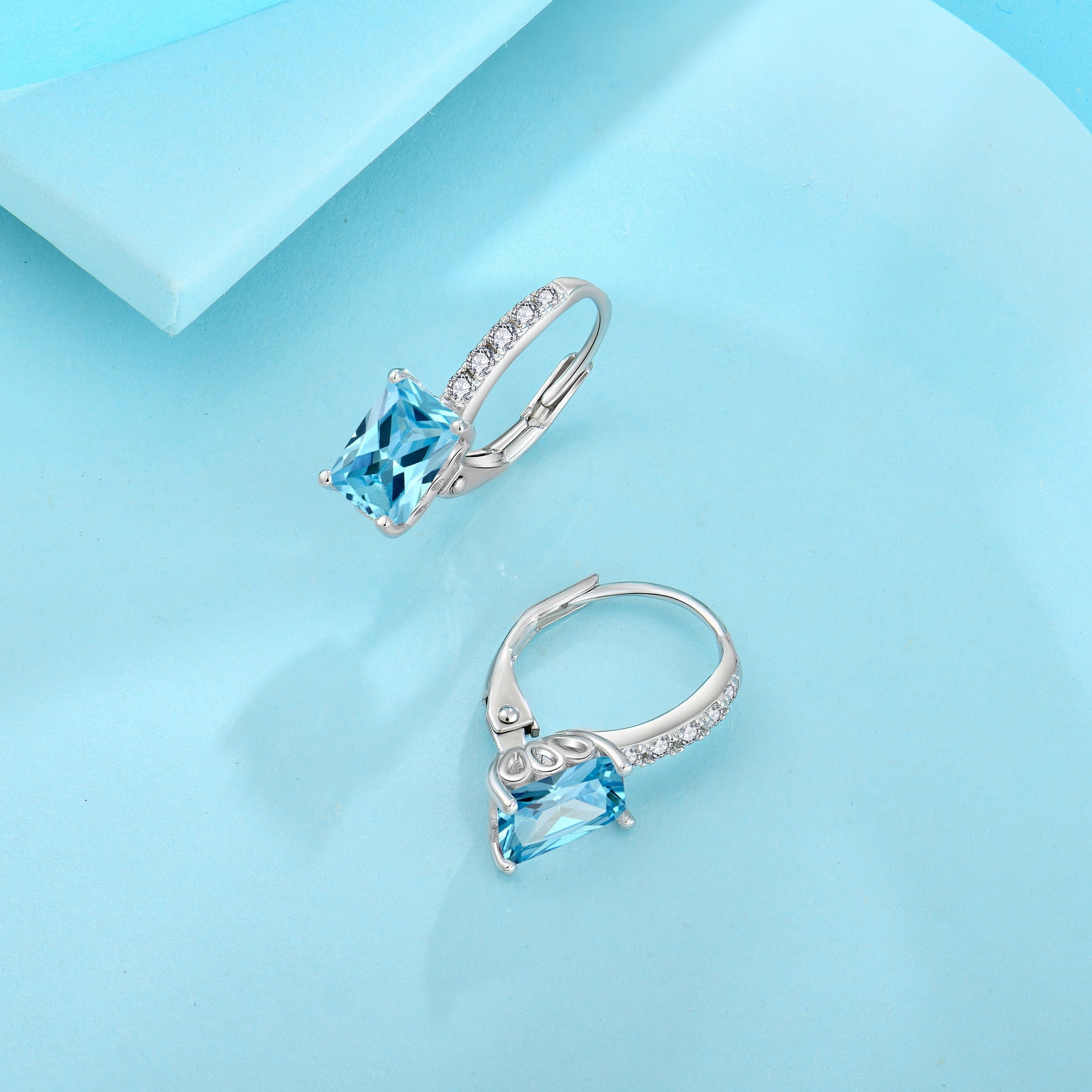 FJ Princess Cut Dangle Drop Earrings 925 Sterling Silver Square Leverback Earrings March Birthstone Aquamarine Jewelry Gifts for Women