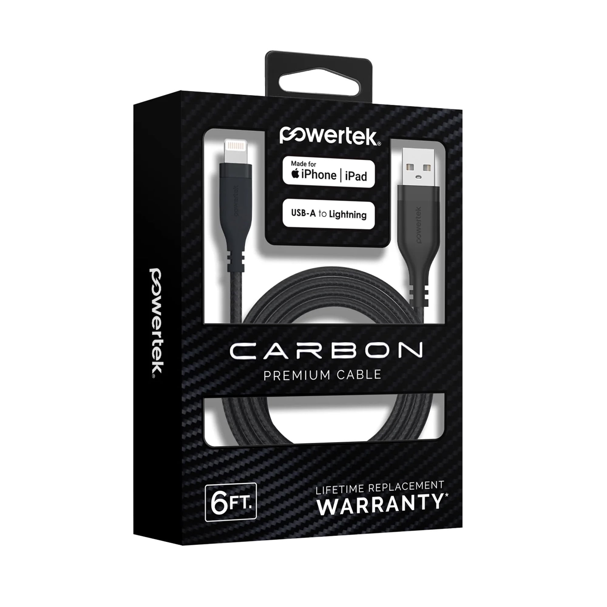 Powertek MFi Certified USB-A to Lightning Charging Cable, Carbon Design Texture, 6 ft, Black