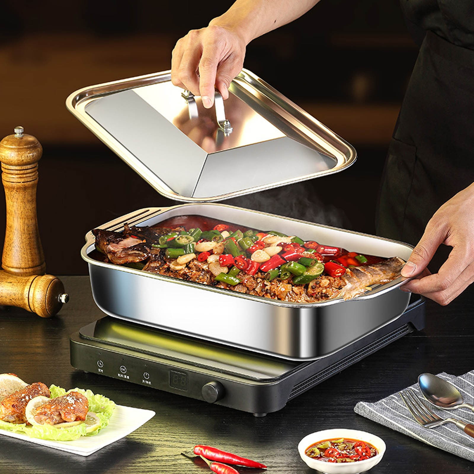 Heavy Duty Non Stick Stainless Steel Baking Sheet with Lid for Versatile Holiday Celebrations and Buffet Heating