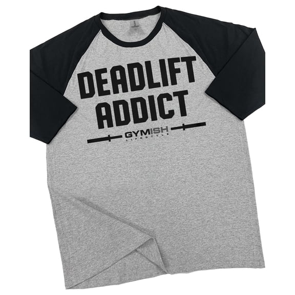 GYMISH RAGLAN Deadlift Addict Workout T-Shirt for Men – Powerlifting Gym Shirt, Men’s Fitness Tee, Heather Grey, Small