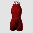 thumbnail image 5 of MOJOGO Women's 2 Piece Outfits Halter Neck Crop Top and Drawstring Shorts Casual Eyelet Summer Two Piece Set Red XL, 5 of 6