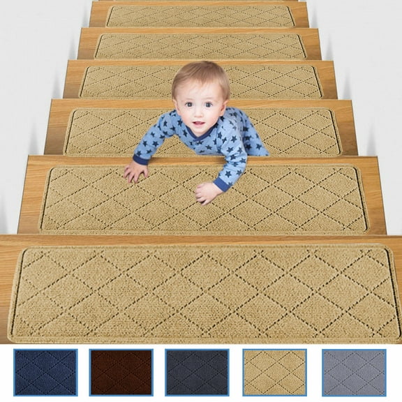 FAMTKT Stair Treads Non-Slip Carpet Mat Indoor Stair Runners for Wooden Steps, Antislip Household Staircase Striped Floor Mat, Absorbent Silent Staircase Carpet Adhesive Free Selfadhesive Stair Mat