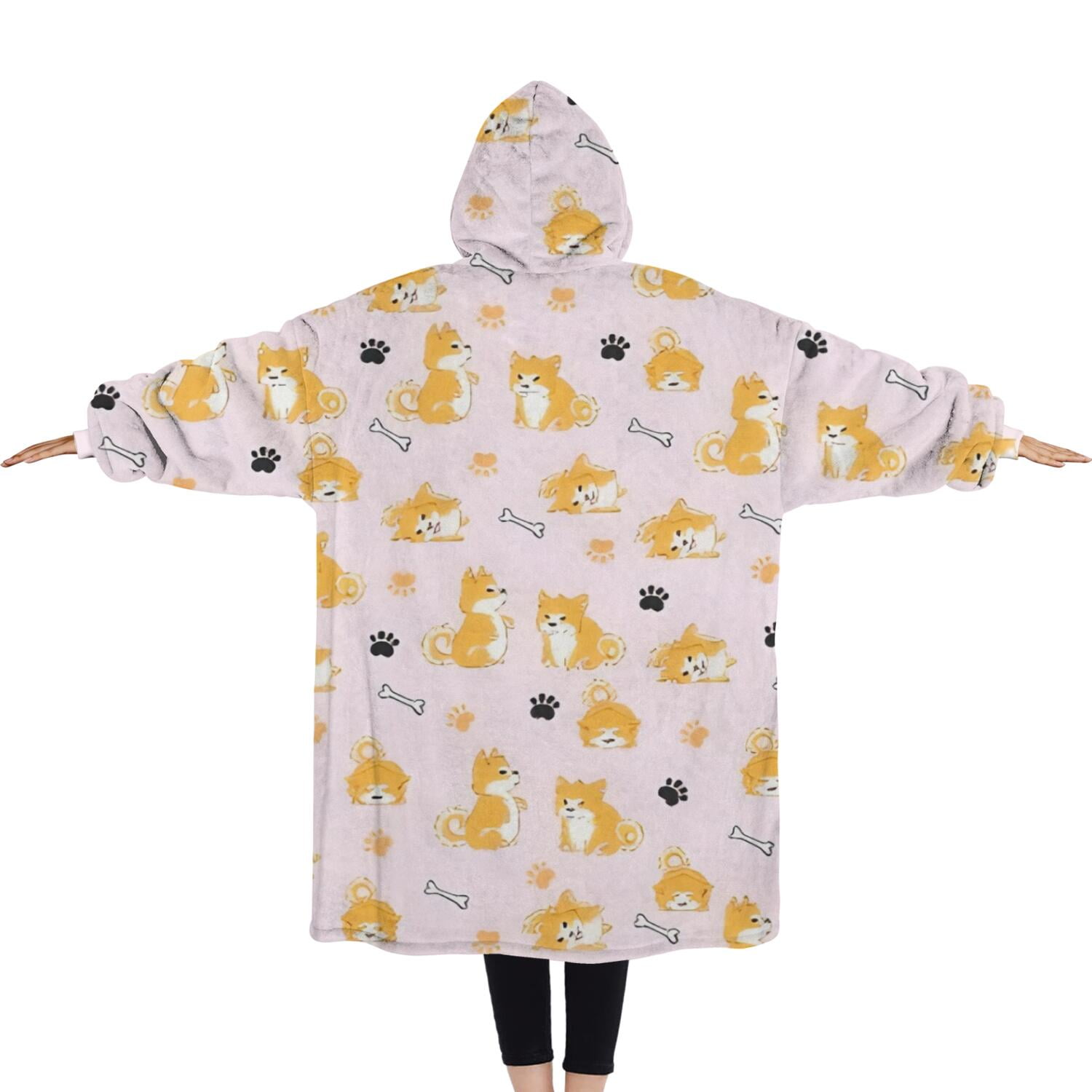 Oversized Wearable Blanket Hoodie,Cute Shiba Inu Sherpa Blanket Hoodie with Super Pockets,Super Warm Fuzzy Pullover for Women & Men