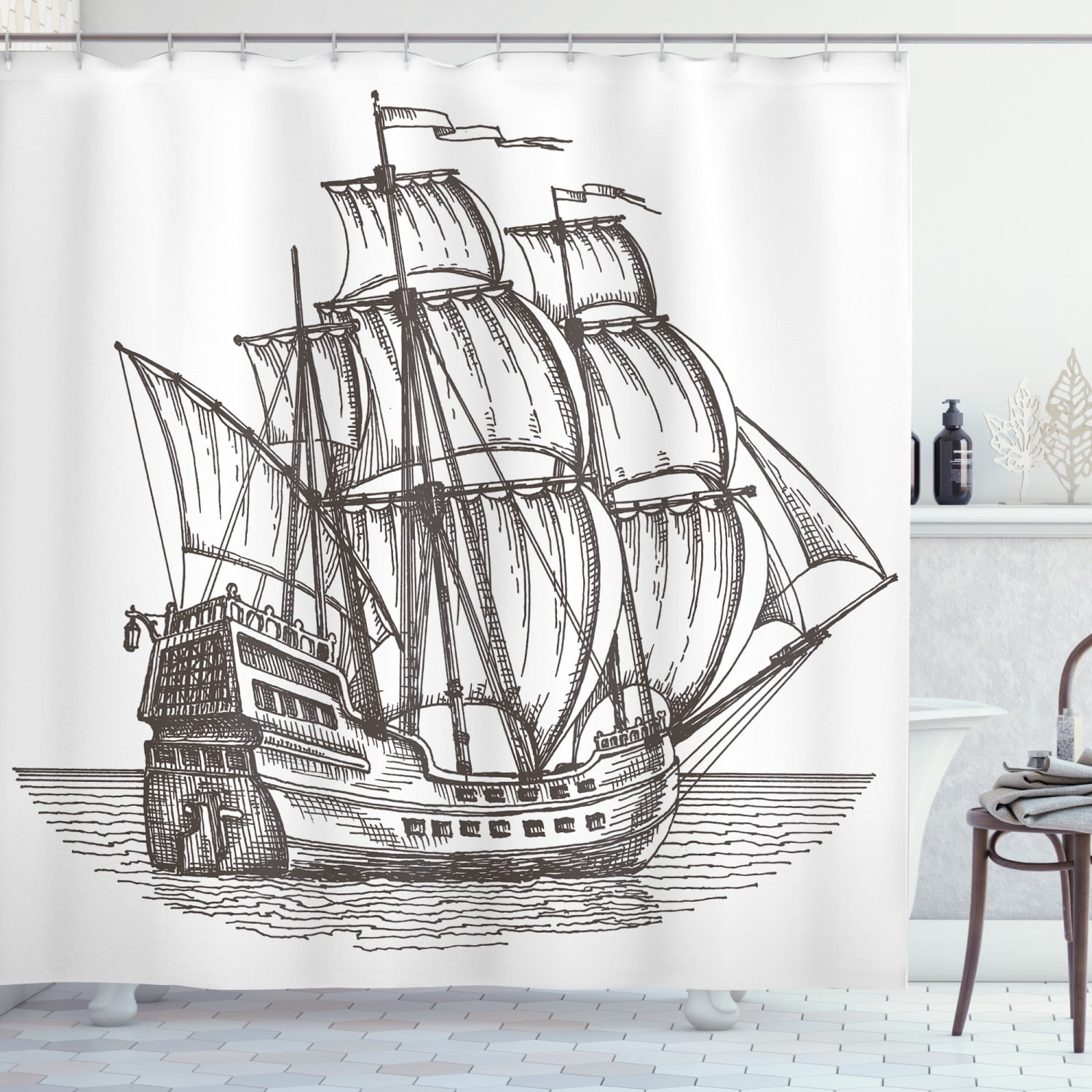 72x72'' Bathroom Waterproof Fabric Shower Curtain 12 Hooks Retro Pirate Ship 