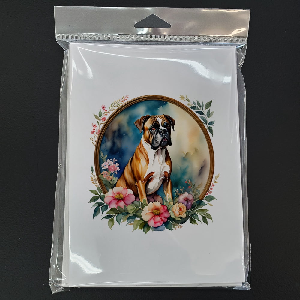 Boxer and Flowers Greeting Cards and Envelopes Pack of 8 7 in x 5 in