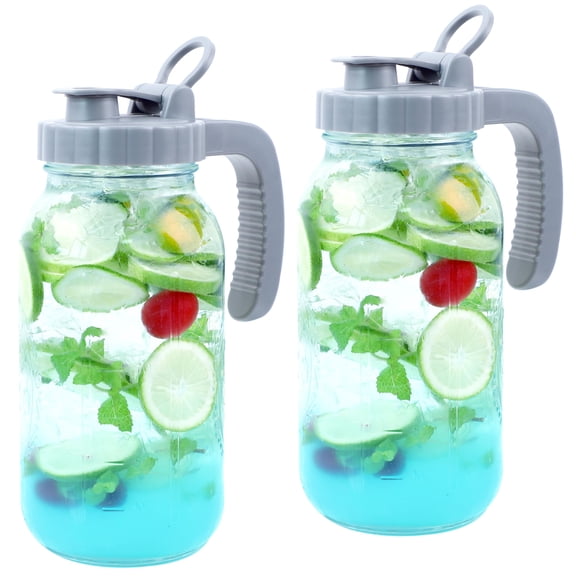 Mason Jar Pitcher 32 OZ Glass Pitcher With Pour Spout Lids Airtight Leak Proof 1 Quart Wide Mouth Water Pitcher With Handle And Flip Cap For Iced Tea, Milk, Sun Tea, Lemonade,Juice, Iced Coffee
