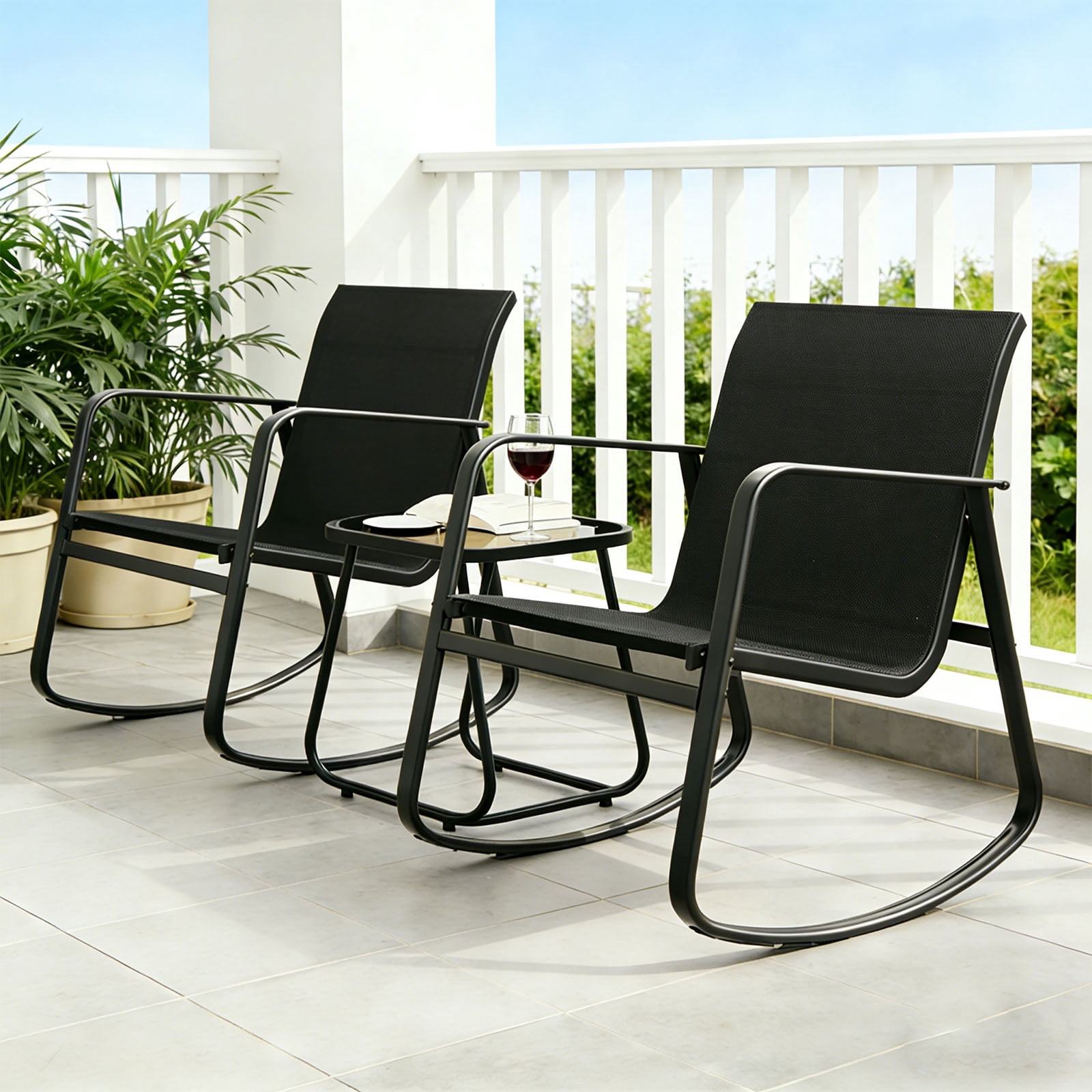 Casabay 3-Piece Outdoor Courtyard Furniture Set with Patio Chairs & Coffee Table, All Weather Outdoor Seating Breathable Fabric for Yard, Pool, Lawn, Black