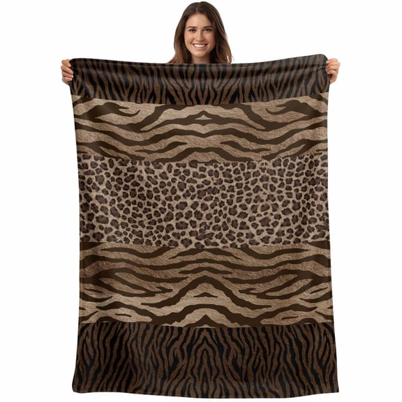 Leopard Zebra Print Blanket Soft Cozy Warm Throw Blanket for Couch, Plush Fuzzy Flannel Fleece Blankets for Sofa, Vintage Animal Skin Striped Brown Bed Blankets Lightweight Gifts for Women, 50"x60"