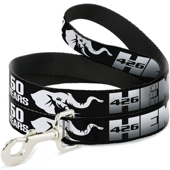 Hemi Pet Leash, Dog Leash, Hemi 426 Elephant Logo 50 Years Black White Silver Fade, 4 Feet Long 0.5 Inch Wide