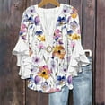 thumbnail image 2 of Womens Tops 3/4 Length Sleeves Floral Shirts Flowy Ruffle Sleeve Tops Summer Half Button Down V Neck Blouse, 2 of 5