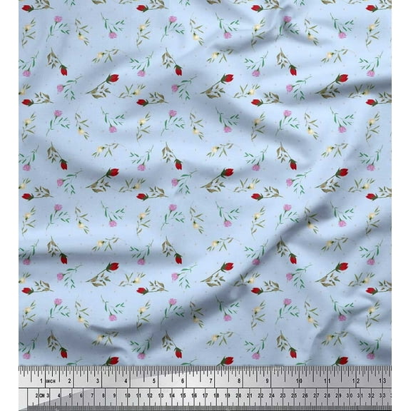 Soimoi Blue Cotton Duck Fabric Dot & Buds Floral Print Fabric by the Yard 42 Inch Wide