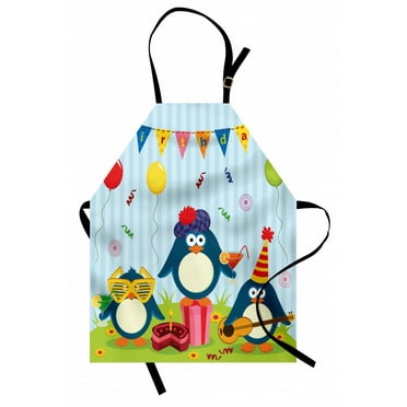 Kids Birthday Apron Cartoon Style Penguin Party with Flags Cakes and Surprise Box, Unisex Kitchen Bib Apron with Adjustable Neck for Cooking Baking Gardening, Pale Blue and Fern Green, by Ambesonne