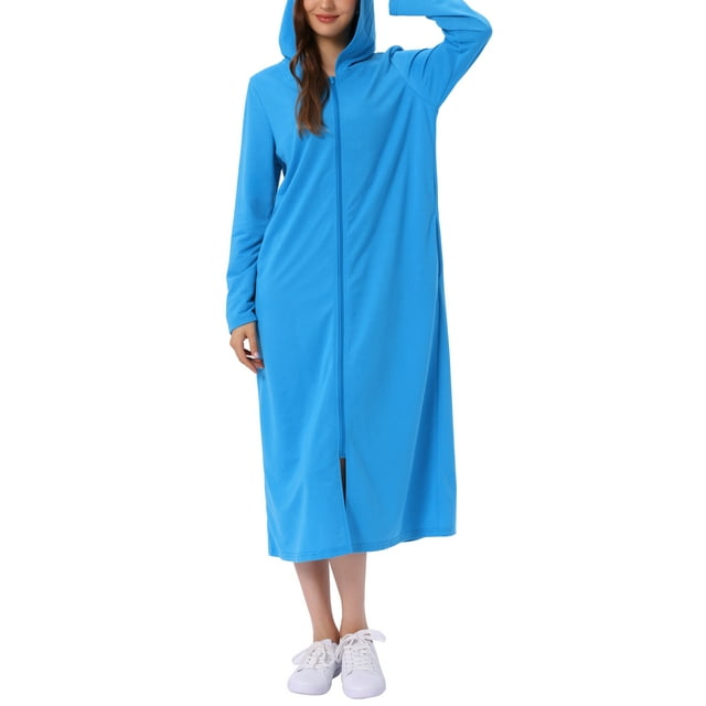 INSPIRE CHIC Bata de Noche con Cremallera para Mujeres, Bata Larga de Casa, Sudadera con Capucha de Manga Larga, Ropa de Casa con Bolsillos, Azul Brillante