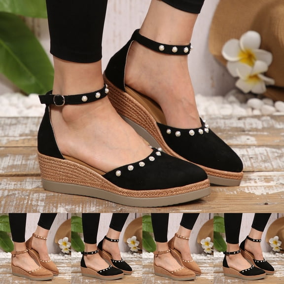 Puntoco Women'S Espadrille Low Wedge Heel Sandals with Buckle Ankle Strap Close Toe Casual Dressy Summer Platform Shoes Brown 9.5(43)