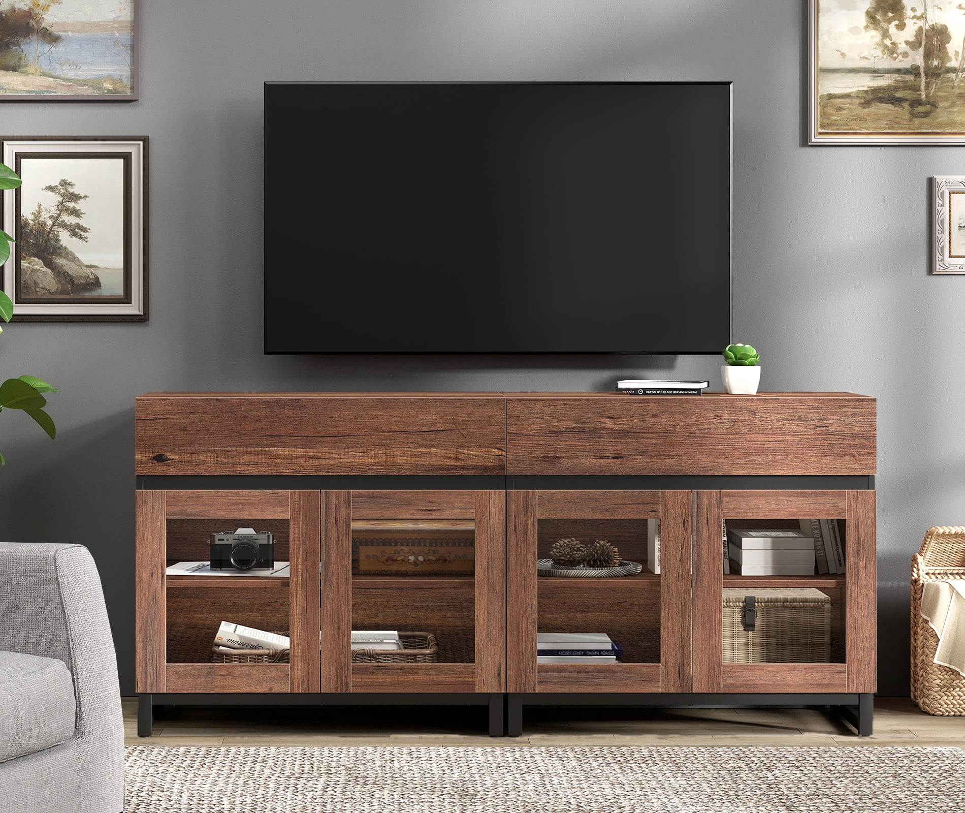 WAMPAT 2-in-1 Modern TV Stand with Glass Doors & 2 Drawers, Metal Base Entertainment Center for 70 Inch TVs, Media Console for Living Room & Bedroom